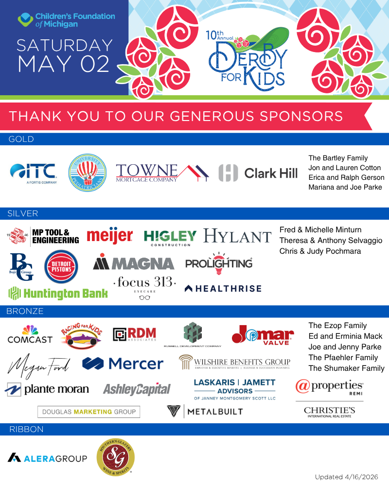Sponsor recognition poster for the Children's Foundation of Michigan's Derby for Kids event, listing gold, silver, bronze, and ribbon sponsors with company logos and a thank you message.