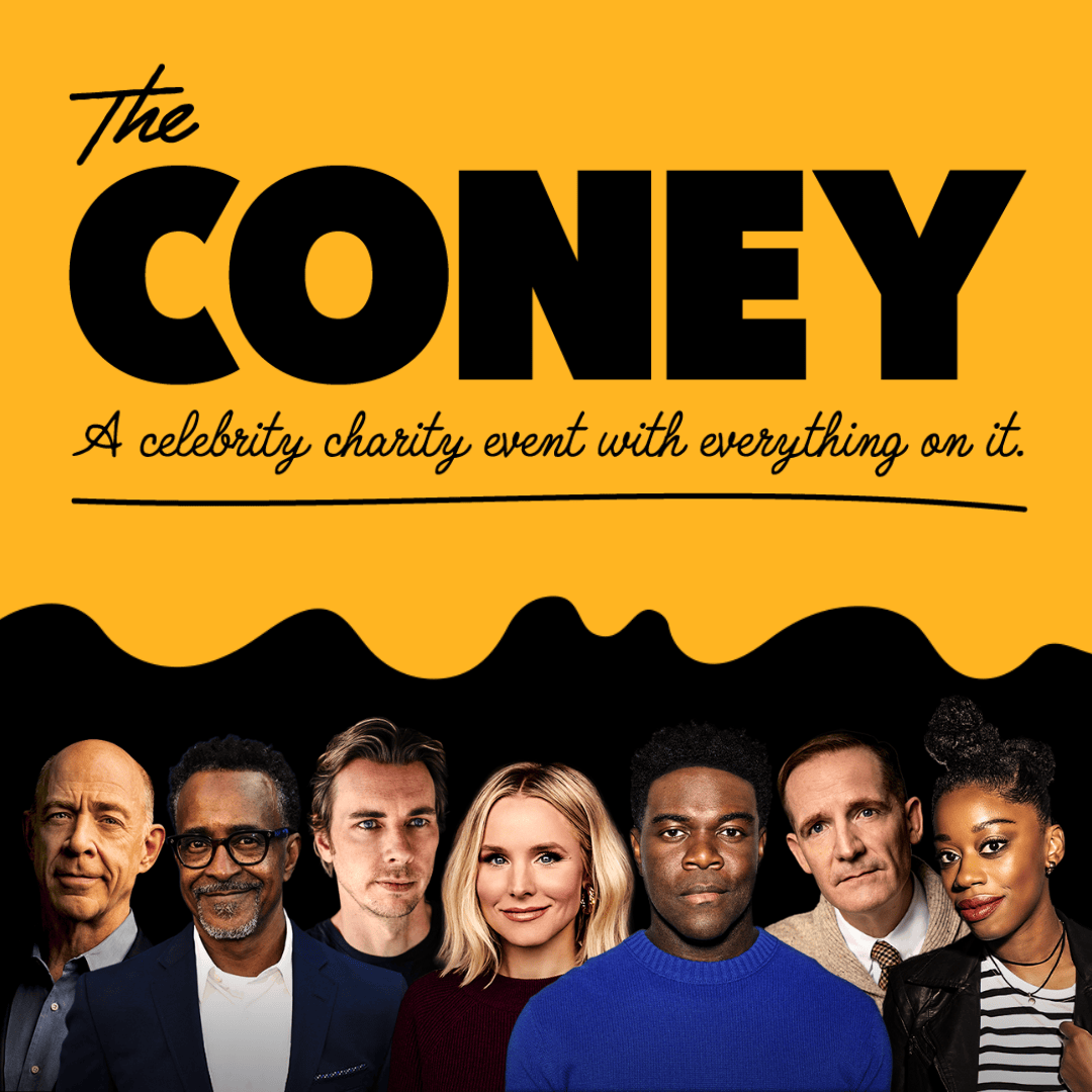 A promotional image for “The Coney: A celebrity charity event with everything on it,” featuring six diverse celebrities posing against a yellow and black background with bold text above their heads.