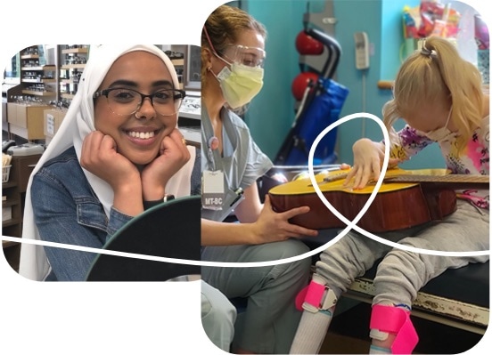 A smiling woman in a white hijab sits at a desk; next to her, a healthcare worker assists a young girl with leg braces as she plays a yellow guitar in a medical setting.