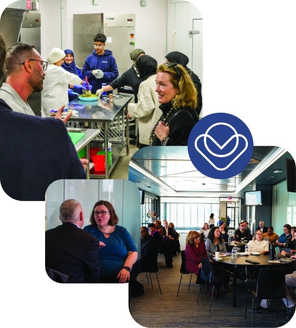 Two photos: one shows people preparing food in a kitchen, and the other shows a group seated and talking at tables in a meeting room. A blue heart-like logo is centered between the images.