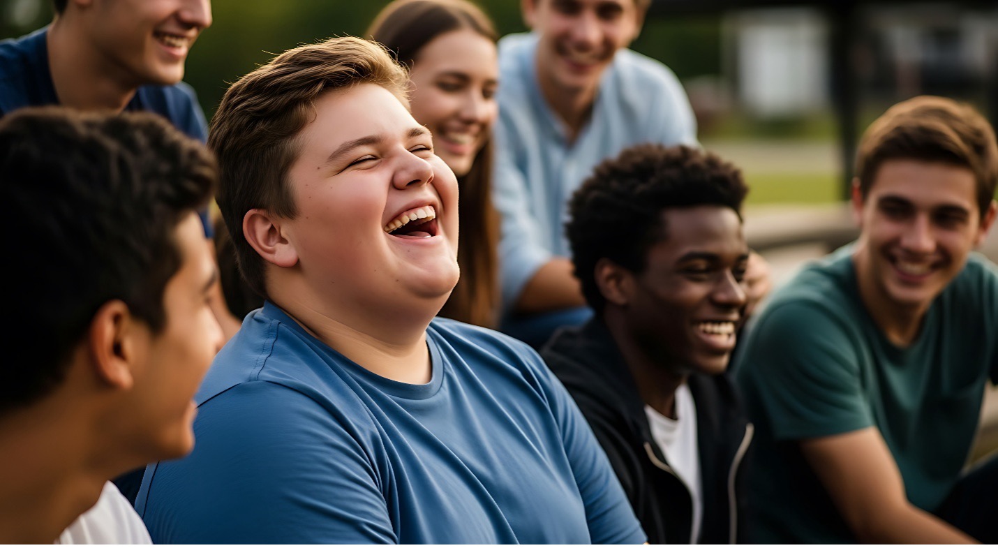 A diverse group of young people laughing and talking together outdoors.